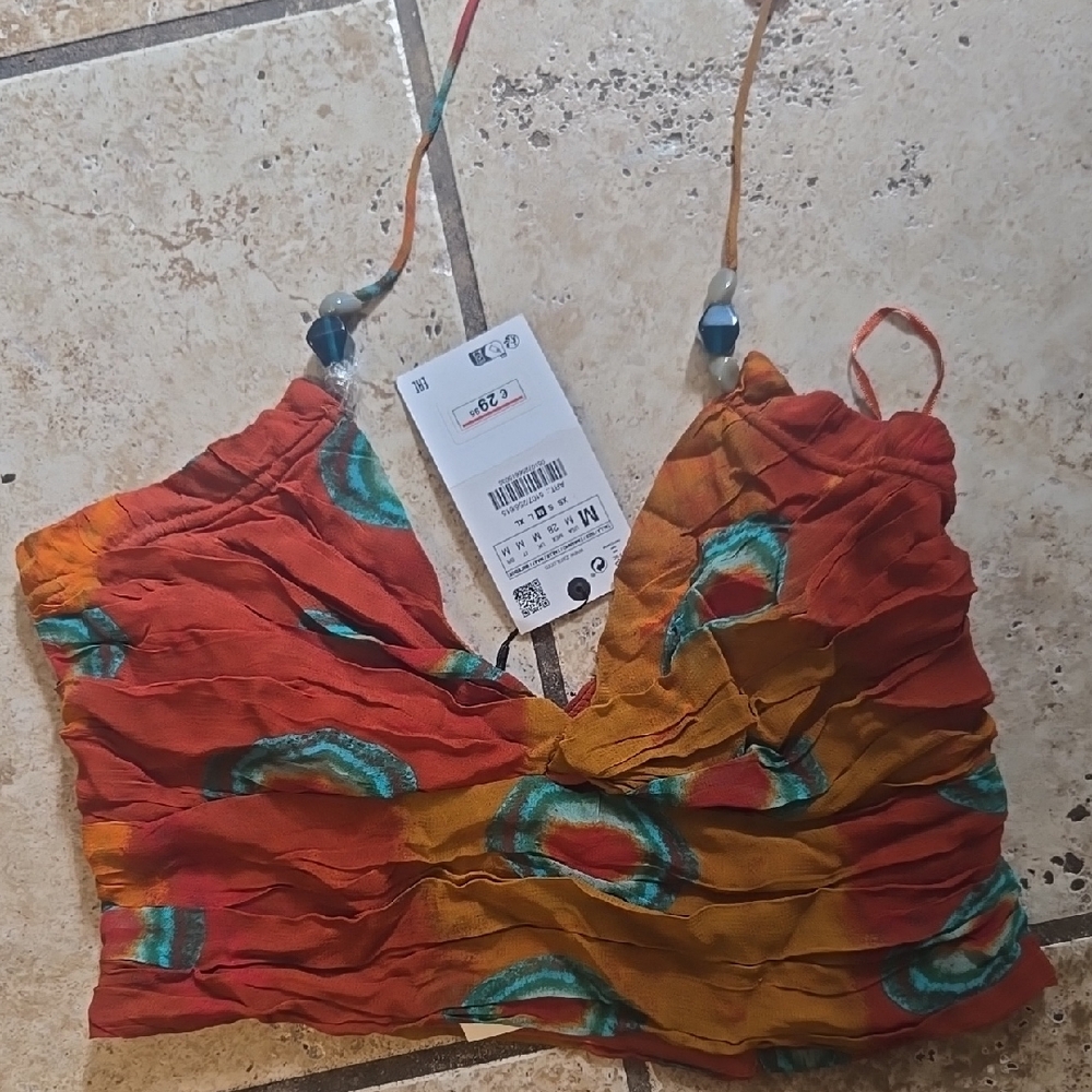 RDI Orange Green Ruched Crop Camisole